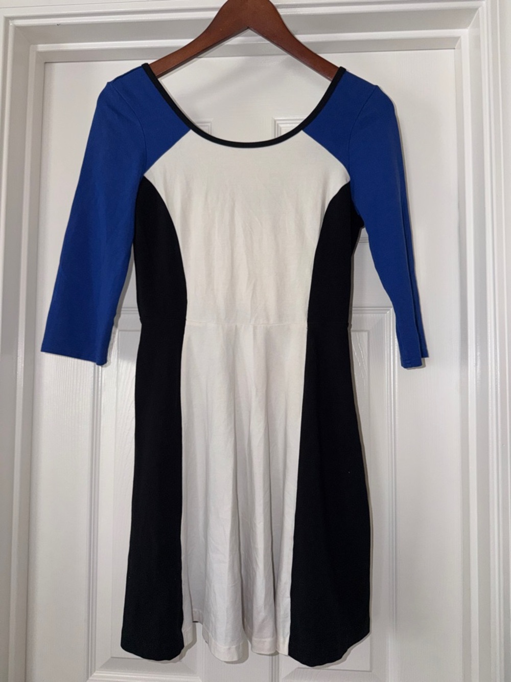 Express S Colorblock Fit-and-Flare Dress in Blue, White, and Black